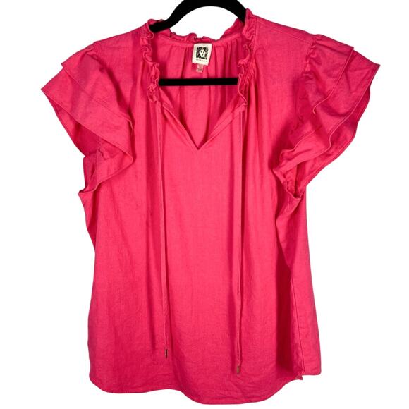 Anne Klein, Size Large, Bright Pink Linen Blend Blouse, Flutter Sleeves, Gold - Picture 1 of 7
